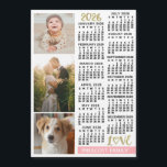 2026 Calendar Blush Pink Gold Custom Photos Magnet<br><div class="desc">Celebrate 2026 with this elegant family photo collage calendar magnet. With easy-to-read dates in bold black, this beautifully simple calendar has the words "2026" and "LOVE" in faux gold glitter with a blush pink bar along the bottom for your personalized family name or other text. Vertically along the left side,...</div>