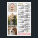 2026 Calendar Blush Pink Gold Custom Photos Magnet<br><div class="desc">Celebrate 2026 with this elegant family photo collage calendar magnet. With easy-to-read dates in bold black, this beautifully simple calendar has the words "2026" and "LOVE" in faux gold glitter with a blush pink bar along the bottom for your personalized family name or other text. Vertically along the left side,...</div>