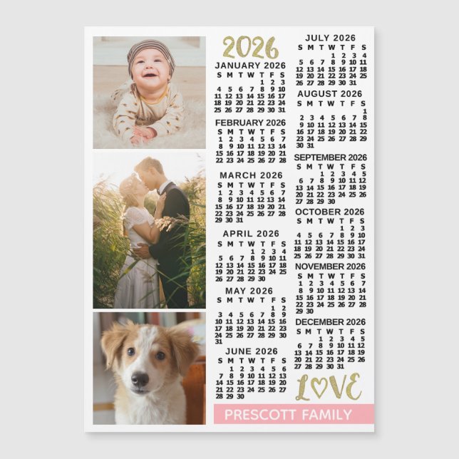 2026 Calendar Blush Pink Gold Custom Photos Magnet (Front)