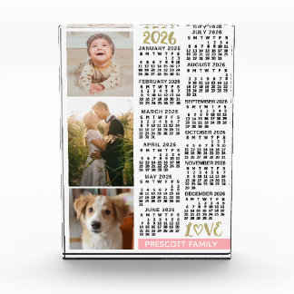 2026 Calendar Blush Pink Gold Family Photo Collage Acrylic Award