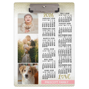 2026 Calendar Blush Pink Gold Family Photo Collage Clipboard