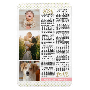 2026 Calendar Blush Pink Gold Family Photo Collage Magnet