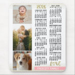 2026 Calendar Blush Pink Gold Family Photo Collage Mouse Pad<br><div class="desc">Celebrate 2026 with this elegant photo collage calendar. With easy-to-read dates in bold black, this beautifully simple calendar has the words "2026" and "LOVE" in faux gold glitter with a blush pink bar along the bottom for your personalized family name or other text. Vertically along the left side, add three...</div>