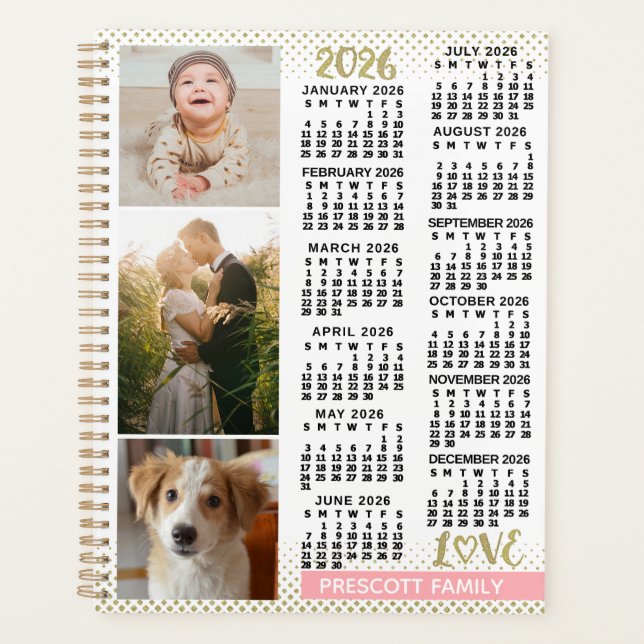 2026 Calendar Blush Pink Gold Family Photo Collage Planner (Front)