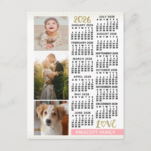 2026 Calendar Blush Pink Gold Family Photo Collage Postcard (Front)