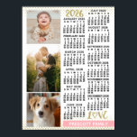 2026 Calendar Blush Pink Gold Family Photo Collage Poster<br><div class="desc">Celebrate 2026 with this elegant photo collage calendar. With easy-to-read dates in bold black, this beautifully simple calendar has the words "2026" and "LOVE" in faux gold glitter with a blush pink bar along the bottom for your personalized family name or other text. Vertically along the left side, add three...</div>