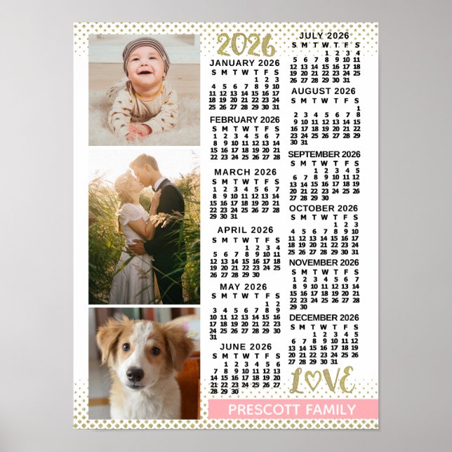 2026 Calendar Blush Pink Gold Family Photo Collage Poster (Front)