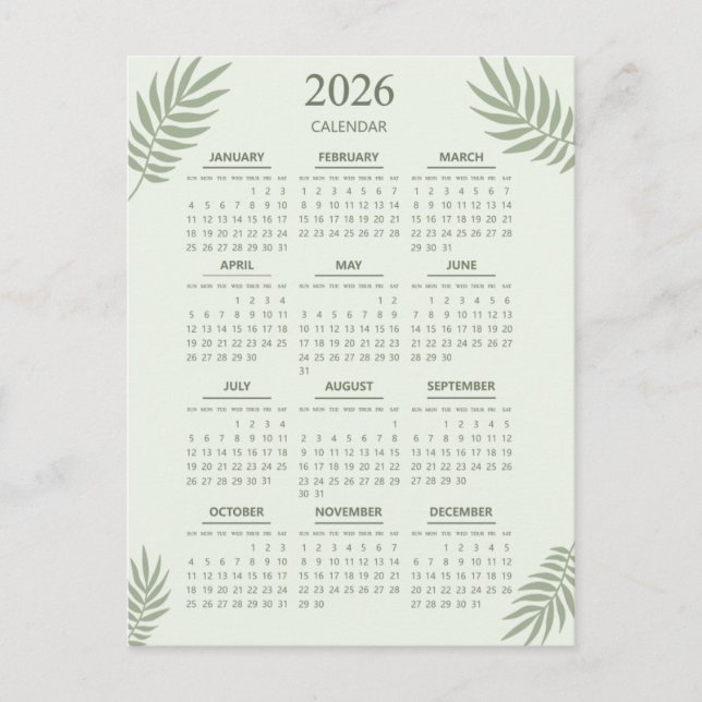 2026 Calendar Boho Floral Aesthetic Sage Green Postcard (Front)