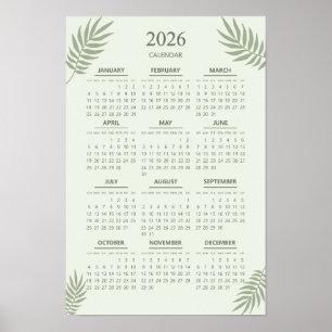 2026 Calendar Boho Floral Aesthetic Sage Green Poster