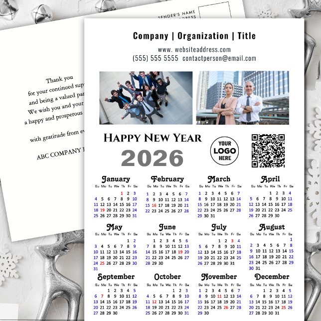 2026 Calendar Business 2 Photo Logo QR Minimalist Holiday Postcard (Creator Uploaded)
