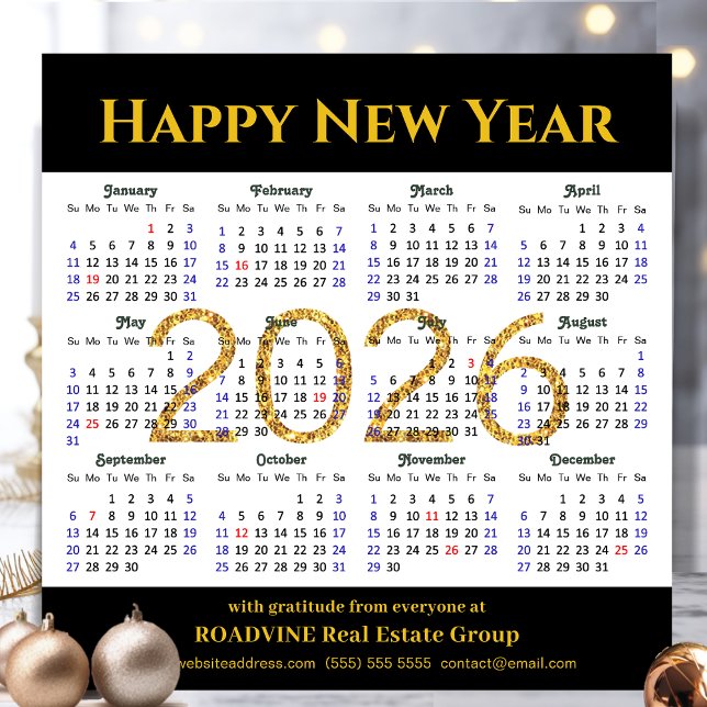 2026 Calendar Business Gold Glitter Modern Black Holiday Card (Creator Uploaded)