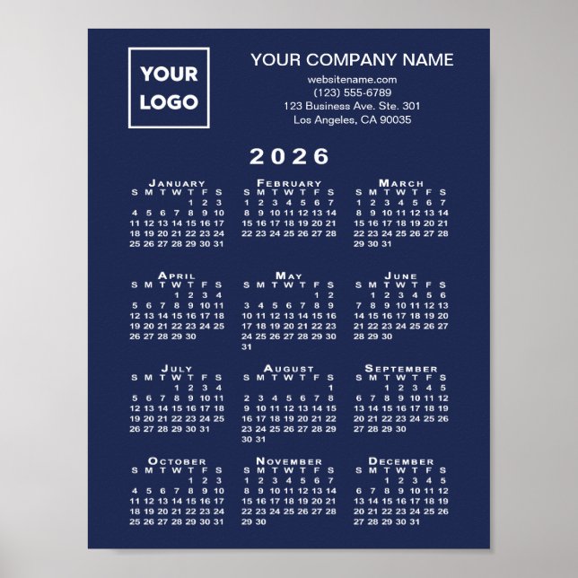 2026 Calendar Business Logo and Text Navy Blue Poster (Front)