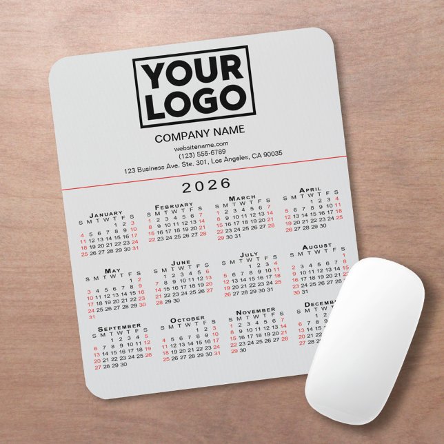2026 Calendar Business Logo and Text on Grey Mouse Pad (2026 Calendar Business Logo and Text on Grey Mouse Pad, in situ)