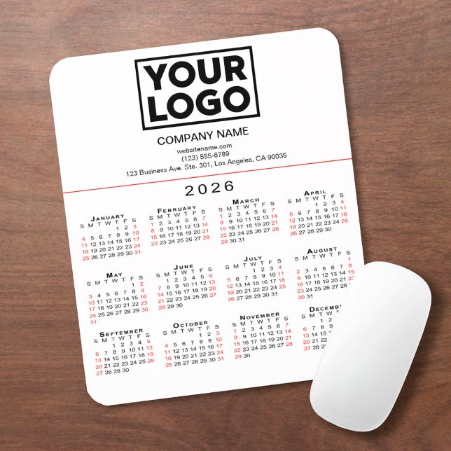2026 Calendar Business Logo and Text on White Mouse Pad (2026 Calendar Business Logo and Text on White Mouse Pad, in situ)