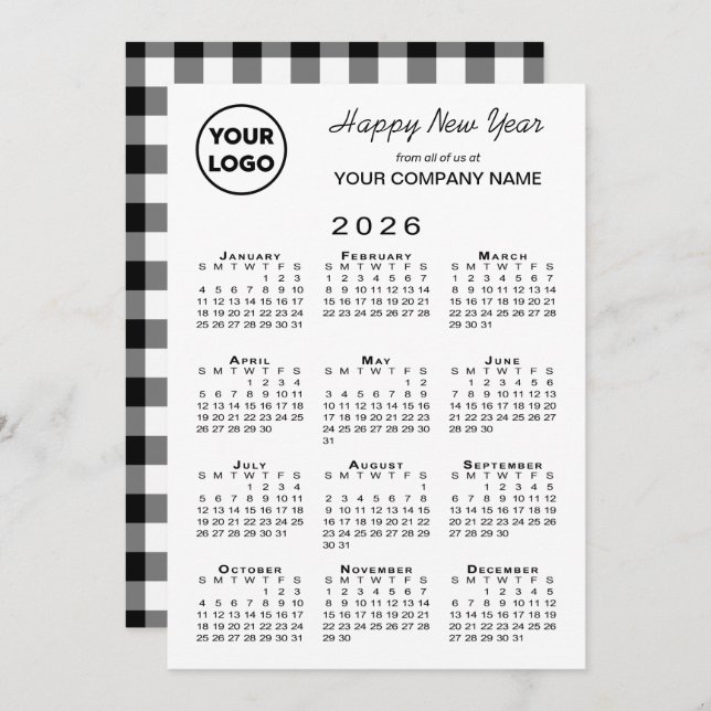 2026 Calendar Business Logo Black White Gingham Holiday Card (Front/Back)