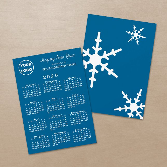 2026 Calendar Business Logo Blue Snowflake Holiday Card (2026 Calendar Business Logo Blue Snowflake Holiday Card, front/back)