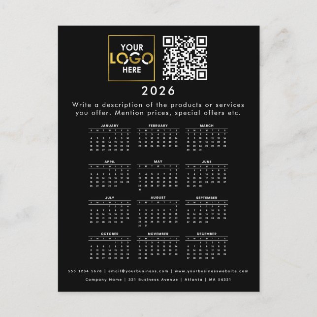 2026 Calendar Business Logo Contact Detail QR Code Postcard (Front)