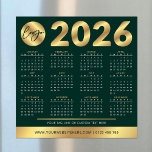 2026 Calendar Business Logo Green & Gold Corporate<br><div class="desc">Create custom 2026 calendars with your company logo using this modern emerald green and gold effect calendar design. Great to use as a promotional gift for clients and employees. Featuring faux gold effects over a dark green background, your business logo & contact details - these 2026 calendar magnetic cards can...</div>