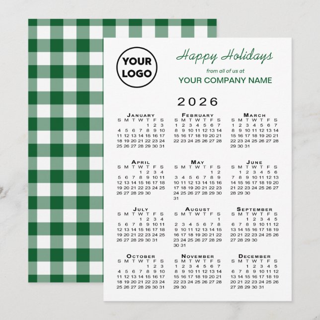 2026 Calendar Business Logo Green White Gingham Holiday Card (Front/Back)