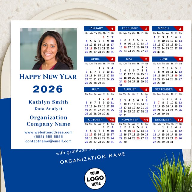 2026 Calendar Business Logo Photo Simple Blue Red Holiday Card (Creator Uploaded)