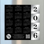 2026 Calendar Business Logo QR Code Black & Silver<br><div class="desc">Create branded 2026 calendars with your custom company logo and QR code using this modern black and silver calendar design. Great to use as a marketing tool or end-of-year gift for clients and employees. Featuring faux silver effects, your business logo, contact details and scannable QR code, these 2026 calendar magnetic...</div>