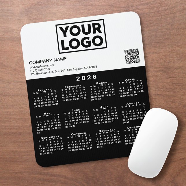 2026 Calendar Business Logo QR Code Black White Mouse Pad (2026 Calendar Business Logo QR Code Black White Mouse Pad, in situ)