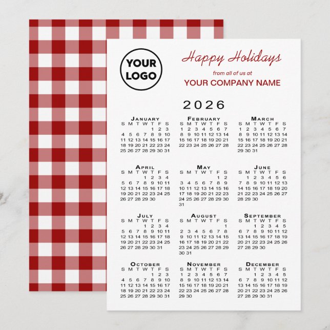 2026 Calendar Business Logo Red White Gingham Holiday Card (Front/Back)