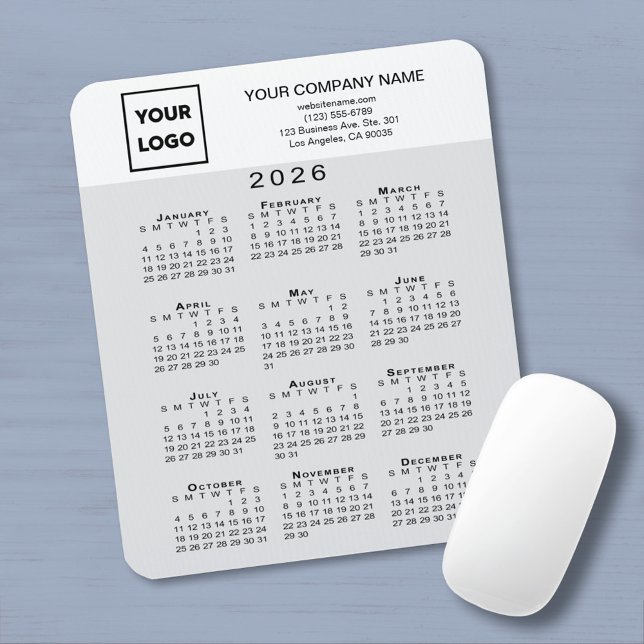 2026 Calendar Business Logo Text Light Grey White Mouse Pad (2026 Calendar Business Logo Text Light Grey White Mouse Pad with mouse)