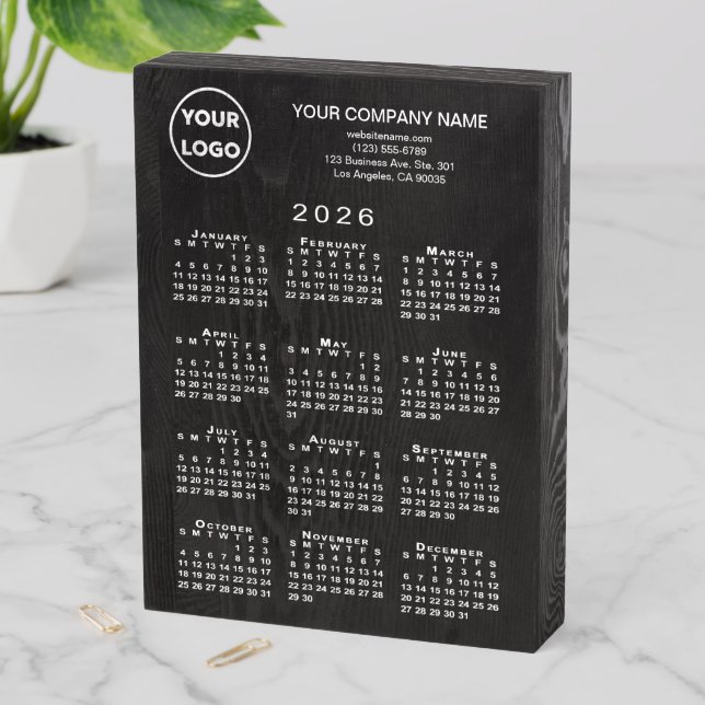 2026 Calendar Business Logo Text on Black Wooden Box Sign (In Situ Vertical)