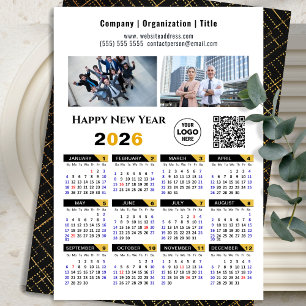 2026 Calendar Business Photo Logo QR Modern Black Holiday Card