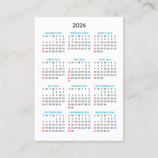 2026 Calendar Card: Sunday Start Business Card