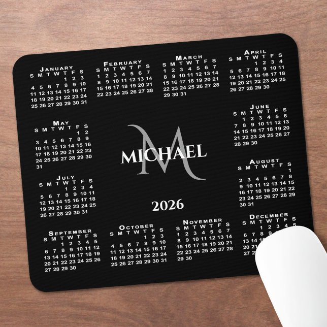 2026 Calendar Chic Monogram Name on Black Mouse Pad (2026 Calendar Chic Monogram Name on Black Mouse Pad with mouse)