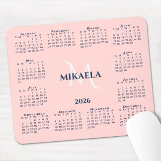 2026 Calendar Chic Monogram Name on Coral Pink Mouse Pad