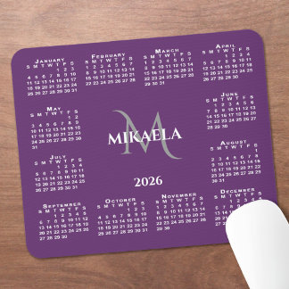 2026 Calendar Chic Monogram Name on Purple Mouse Pad