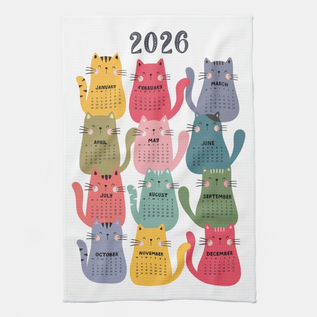 2026 Calendar Colorful Cats Kitchen Towel (Vertical)