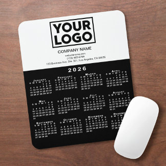 2026 Calendar Company Logo and Text Black White Mouse Pad