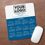 2026 Calendar Company Logo and Text Blue White Mouse Pad<br><div class="desc">Modern professional calendar mouse pad features your logo, company name, and business contact information in blue text on white over a modern white 2026 calendar on a blue background. Add your logo, company name, and custom text (website, phone number, address, or slogan) in the sidebar. Your logo can be any...</div>
