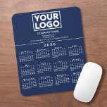 2026 Calendar Company Logo and Text Navy Blue Mouse Pad<br><div class="desc">Simple professional calendar mouse pad features your logo, company name, and business contact information in white text over a modern white 2026 calendar on a navy blue background. Add your logo, company name, and custom text (website, phone number, address, or slogan) in the sidebar. Your logo can be any shape....</div>