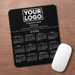 2026 Calendar Company Logo and Text on Black Mouse Pad<br><div class="desc">Simple professional calendar mouse pad features your logo, company name, and business contact information in white text over a modern white 2026 calendar on a black background. Add your logo, company name, and custom text (website, phone number, address, or slogan) in the sidebar. Your logo can be any shape. White...</div>