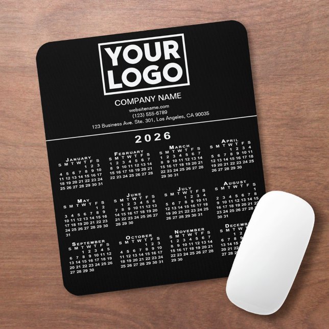 2026 Calendar Company Logo and Text on Black Mouse Pad (2026 Calendar Company Logo and Text on Black Mouse Pad, in situ)