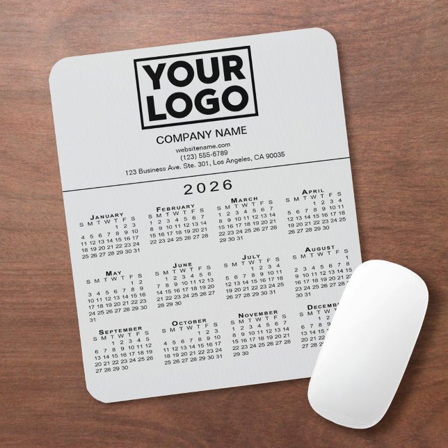 2026 Calendar Company Logo and Text on Grey Mouse Pad (2026 Calendar Company Logo and Text on Grey Mouse Pad, in situ)