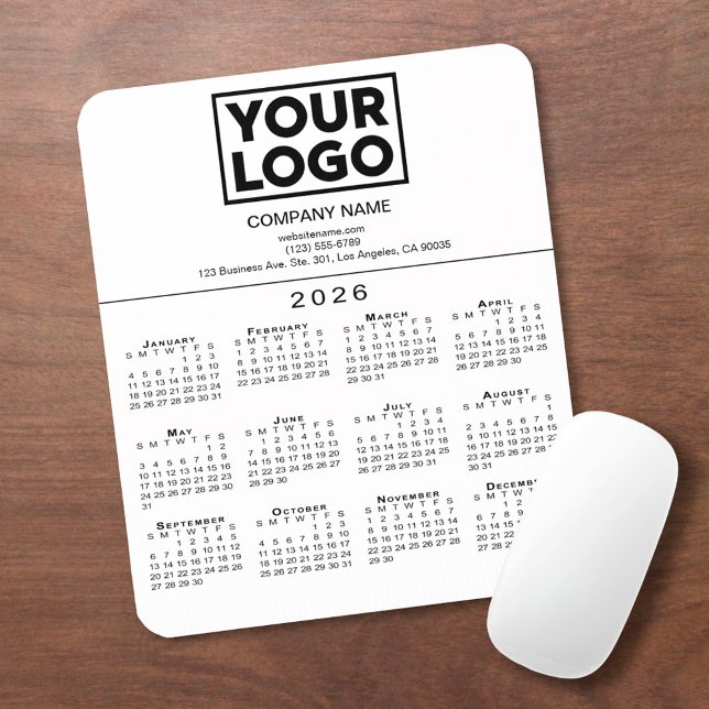 2026 Calendar Company Logo and Text on White Mouse Pad (2026 Calendar Company Logo and Text on White Mouse Pad, in situ)