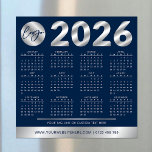 2026 Calendar Corporate Company Logo Navy & Silver<br><div class="desc">Create custom 2026 calendars with your company logo using this modern navy blue and chrome silver effect calendar design. Great to use as a promotional gift for clients and employees. Featuring faux silver effects over a dark blue background, your business logo & contact details - these 2026 calendar magnetic cards...</div>