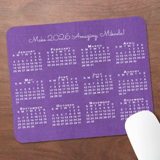 2026 Calendar Custom Name Purple Linen Photo Mouse Pad