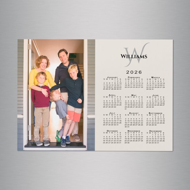 2026 Calendar Custom Photo Monogram Beige Magnet (2026 Calendar Custom Photo Monogram Beige Magnet in situ)