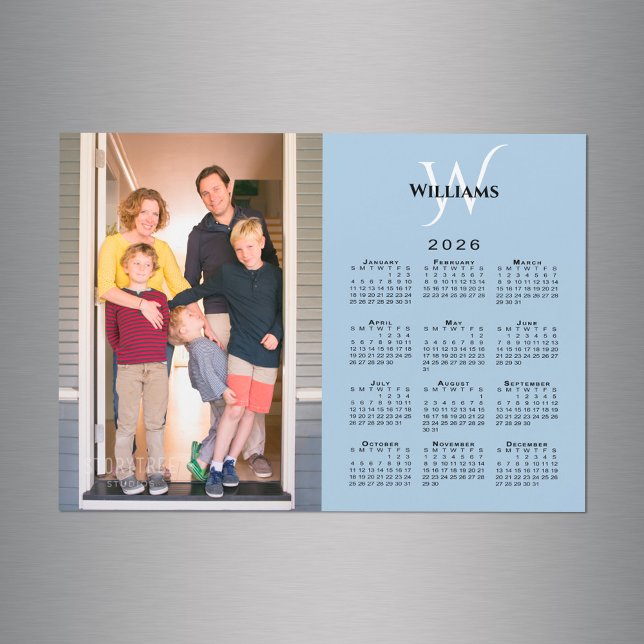 2026 Calendar Custom Photo Monogram Blue Magnet (2026 Calendar Custom Photo Monogram Blue Magnet in situ)