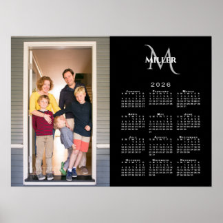 2026 Calendar Custom Photo Monogram Name Black Poster