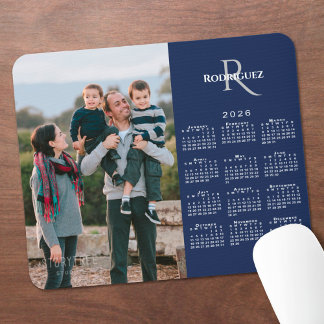 2026 Calendar Custom Photo Monogram Name Navy Mouse Pad