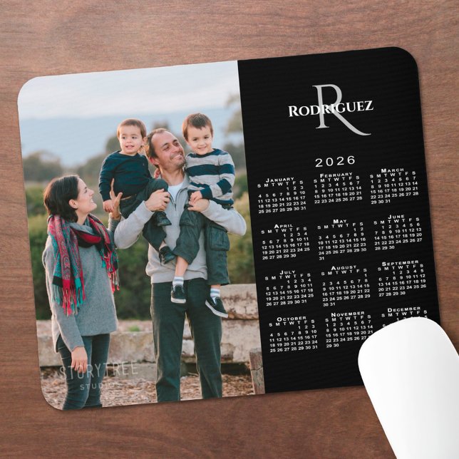 2026 Calendar Custom Photo Monogram Name on Black Mouse Pad (2026 Calendar Custom Photo Monogram Name on Black Mouse Pad, in situ)
