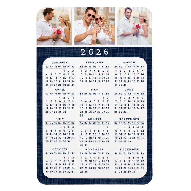 2026 Calendar Custom Photo Navy Blue Fridge  Magnet (Vertical)